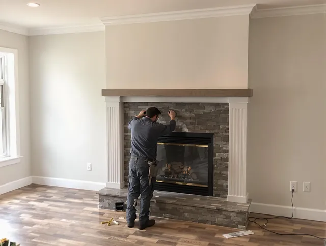 Upland Chimney Sweep finishing a custom fireplace install in Upland, CA